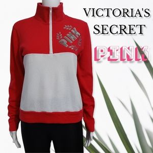 Victoria Secret Pink Sweatshirt Red White Sequin Silver  Quarter Zip